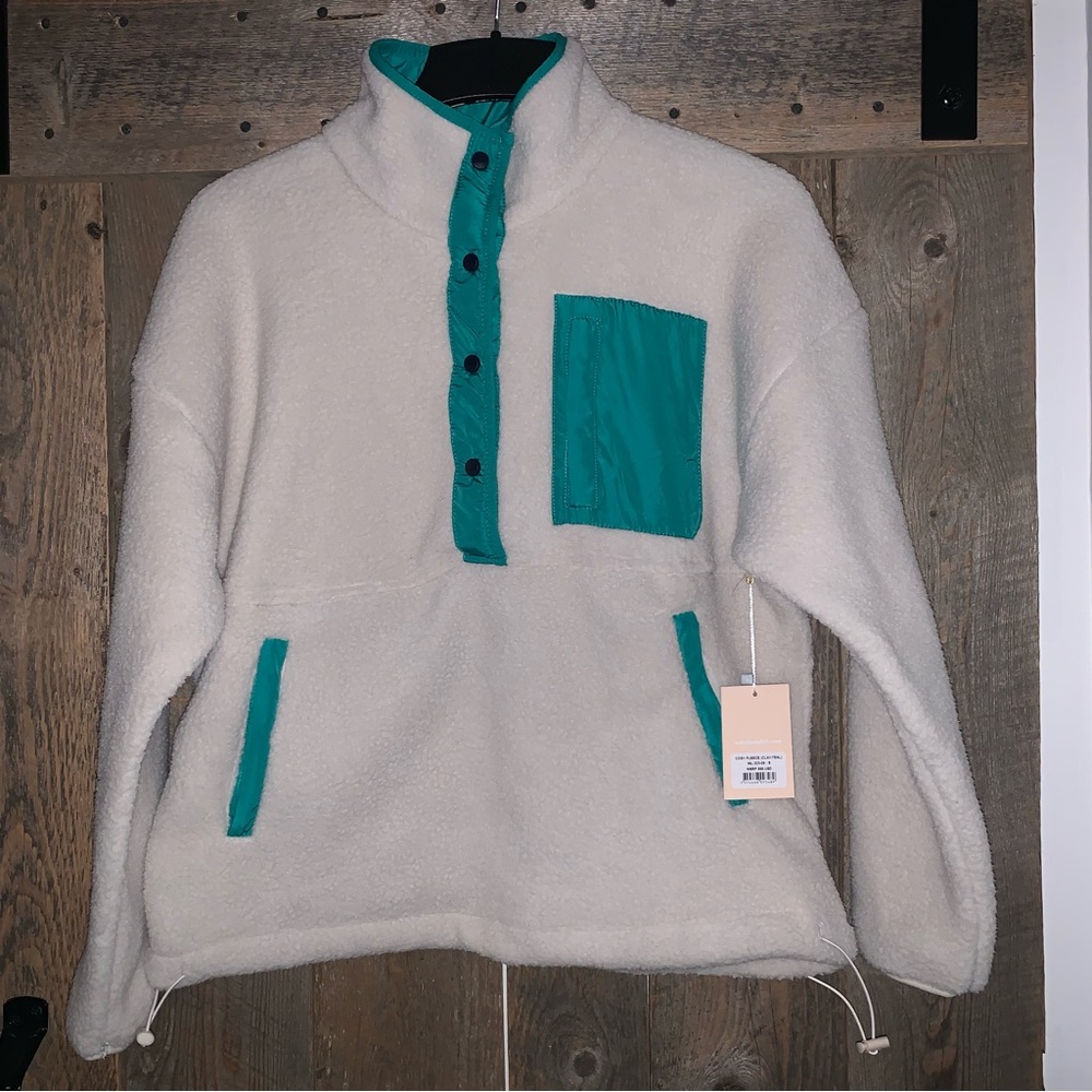Women’s S WILO COSY FLEECE Clay / Teal Thick Half Snap Pullover Jacket NWT $98